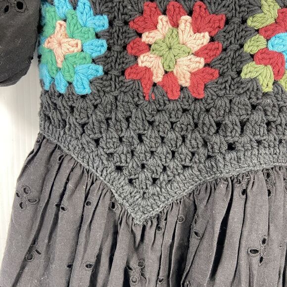 NWT Asos Black Mini Dress Granny Square Crochet Bodice Puff Sleeve Womens 0‎ - Picture 4 of 11
